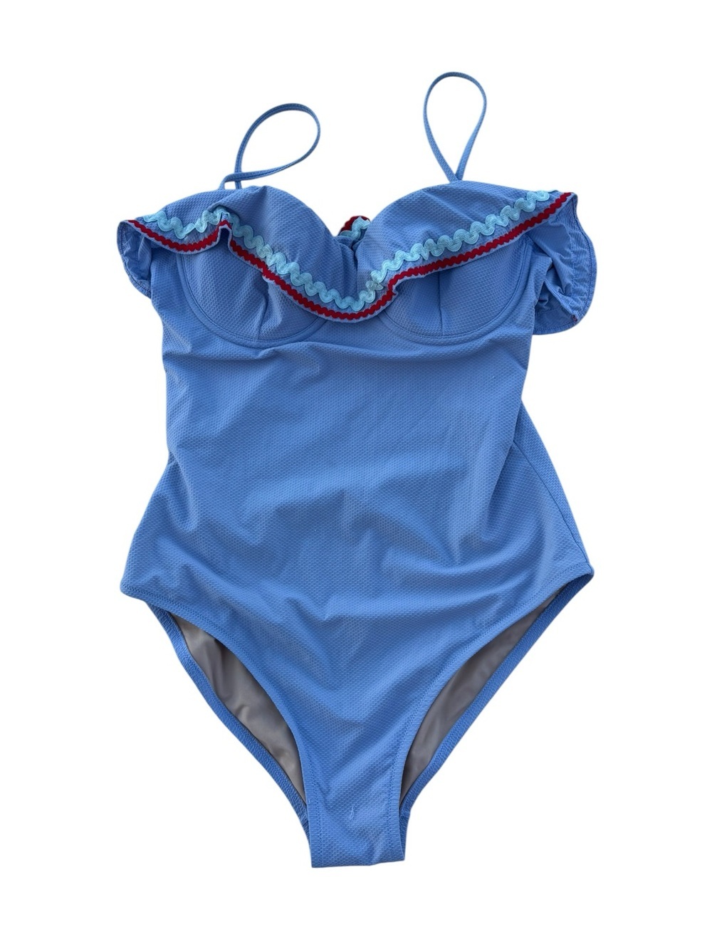 J.Crew Ruffle One Piece Swimsuit Size 8 Blue Ric Rac Trim Underwire - Picture 3 of 13